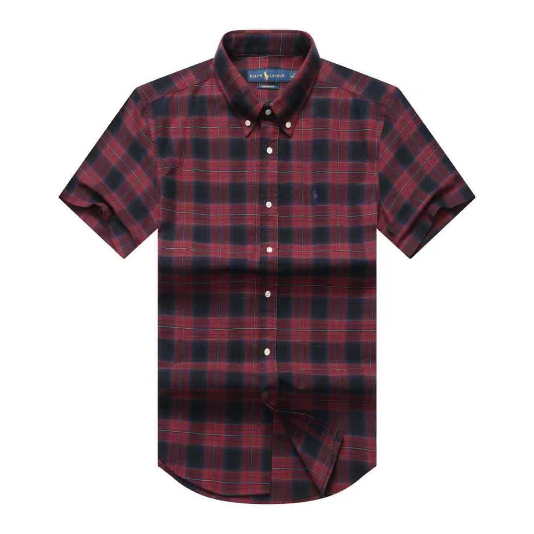 Men Custom Fit Burgundy Navy Plaid Short Sleeve- RL2