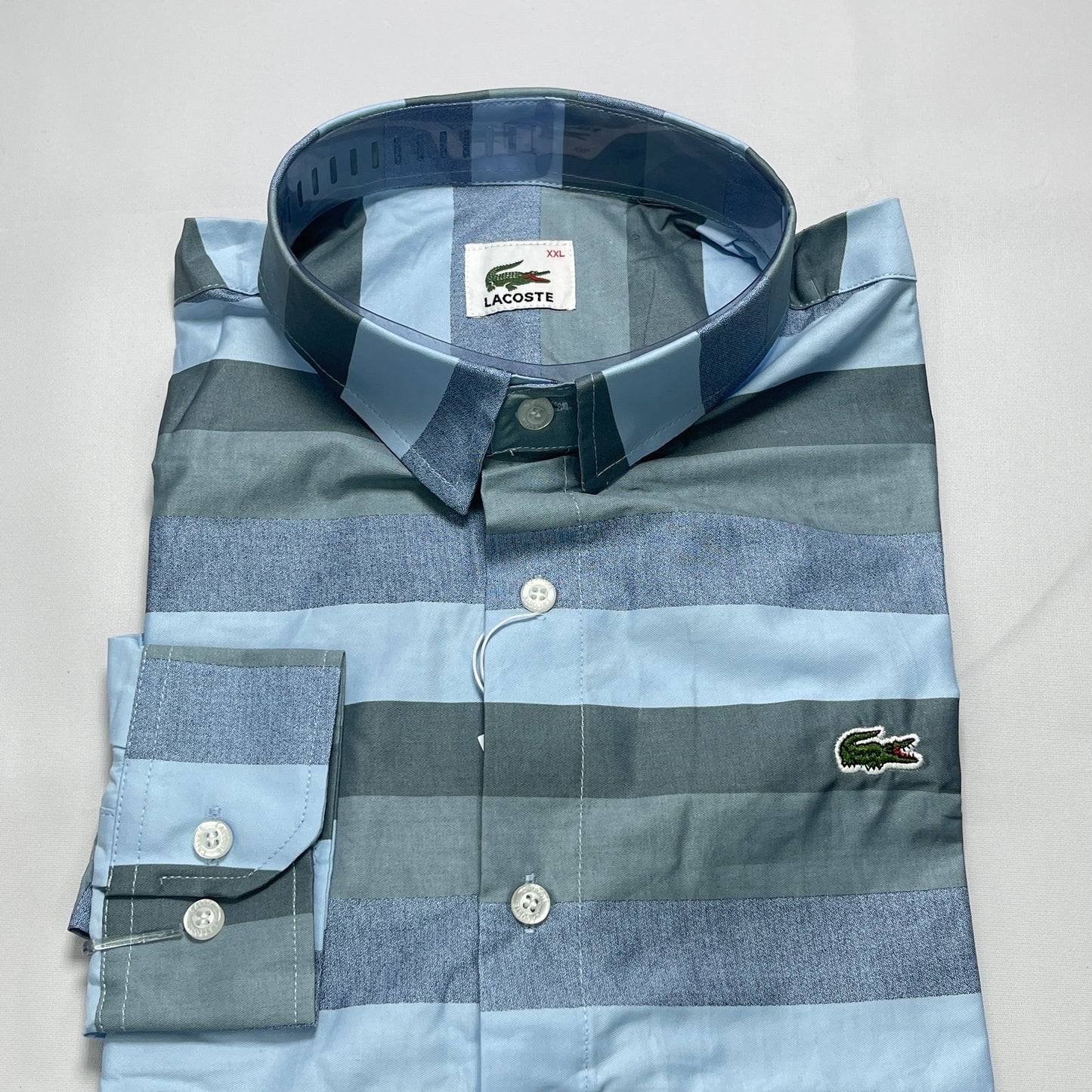 Men Custom Fit Gray-Blue Striped Shirt -LS05