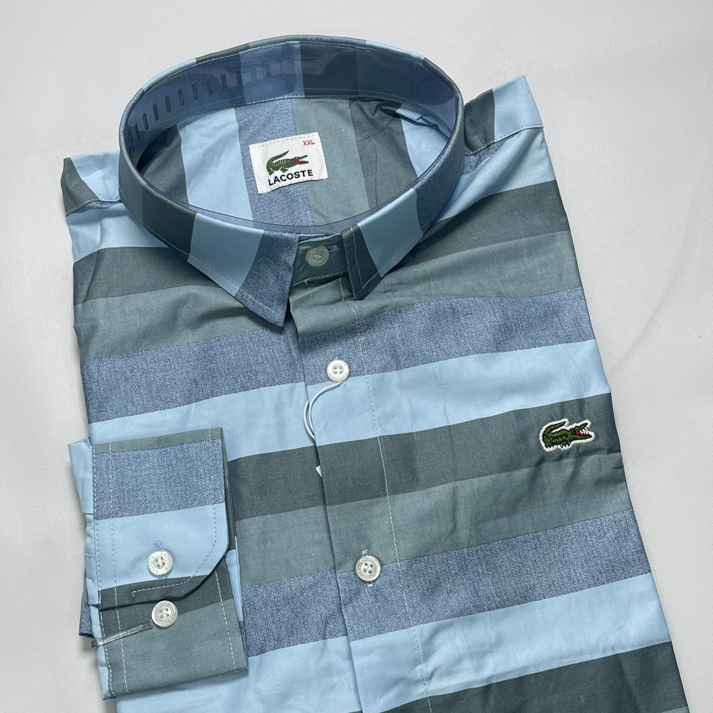 Men Custom Fit Gray-Blue Striped Shirt -LS05