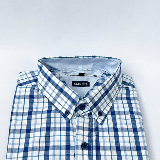 Men's Custom Slim Fit Oxford Blue Check Long Sleeves -THL 255