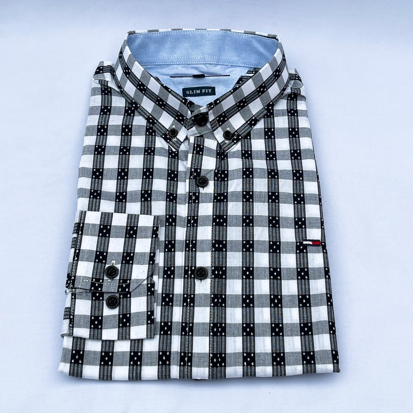 Men's Custom Slim Fit Oxford Check Long Sleeves -THL Black & White 223