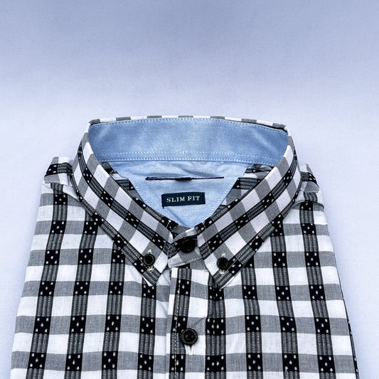 Men's Custom Slim Fit Oxford Check Long Sleeves -THL Black & White 223