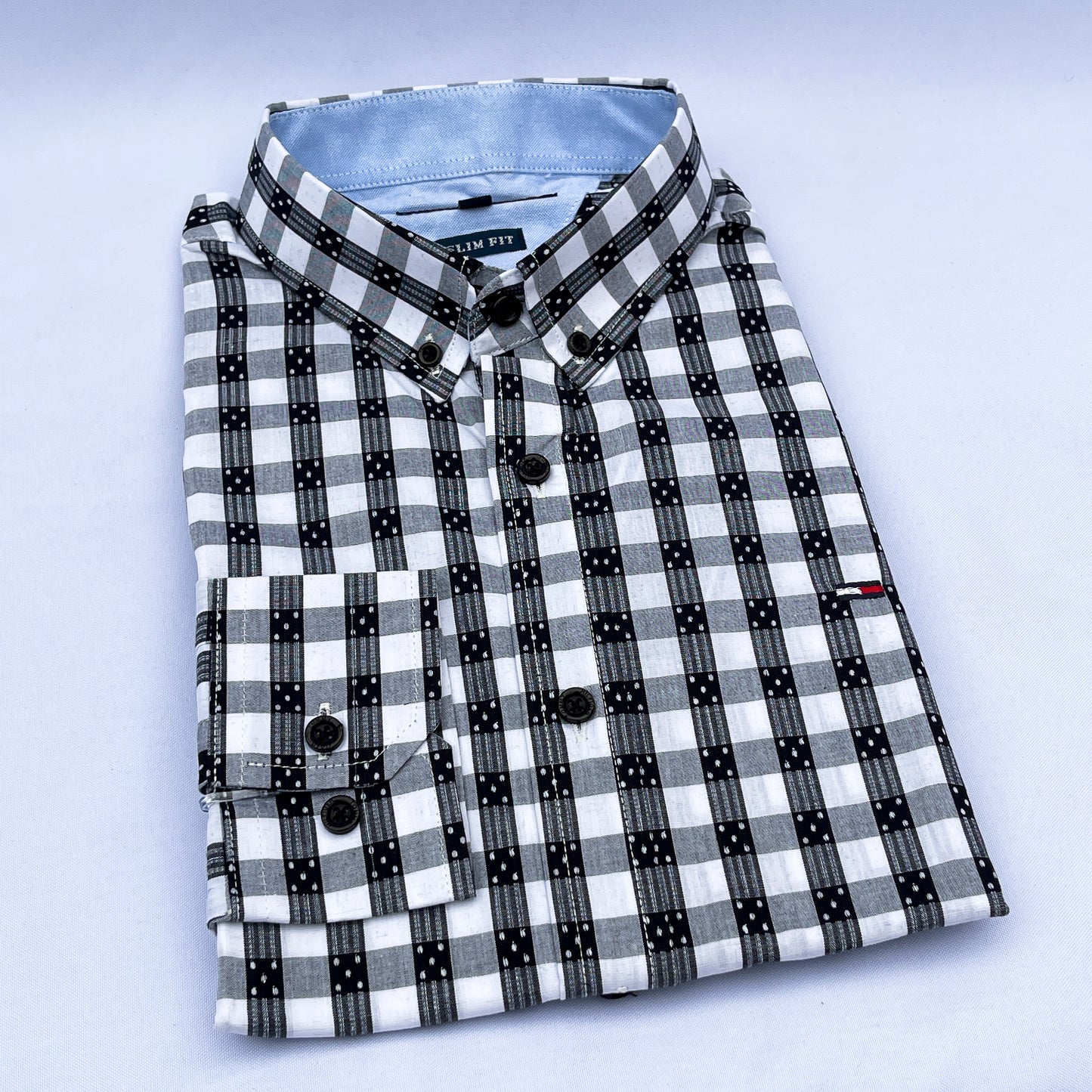 Men's Custom Slim Fit Oxford Check Long Sleeves -THL Black & White 223