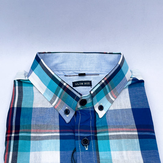 Men's Custom Slim Fit Oxford Blue Check  Long Sleeves -THL 235
