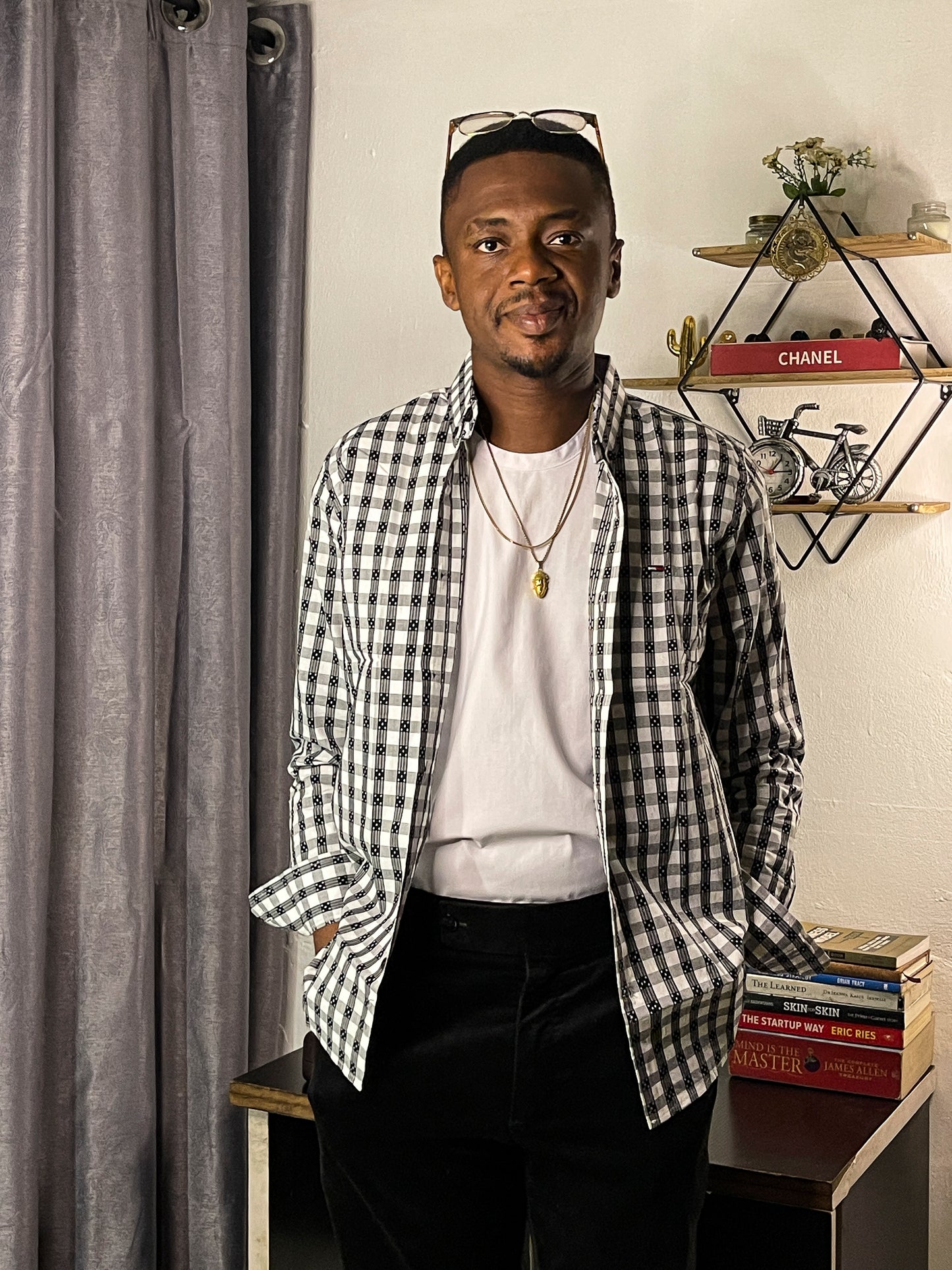 Men's Custom Slim Fit Oxford Check Long Sleeves -THL Black & White 223