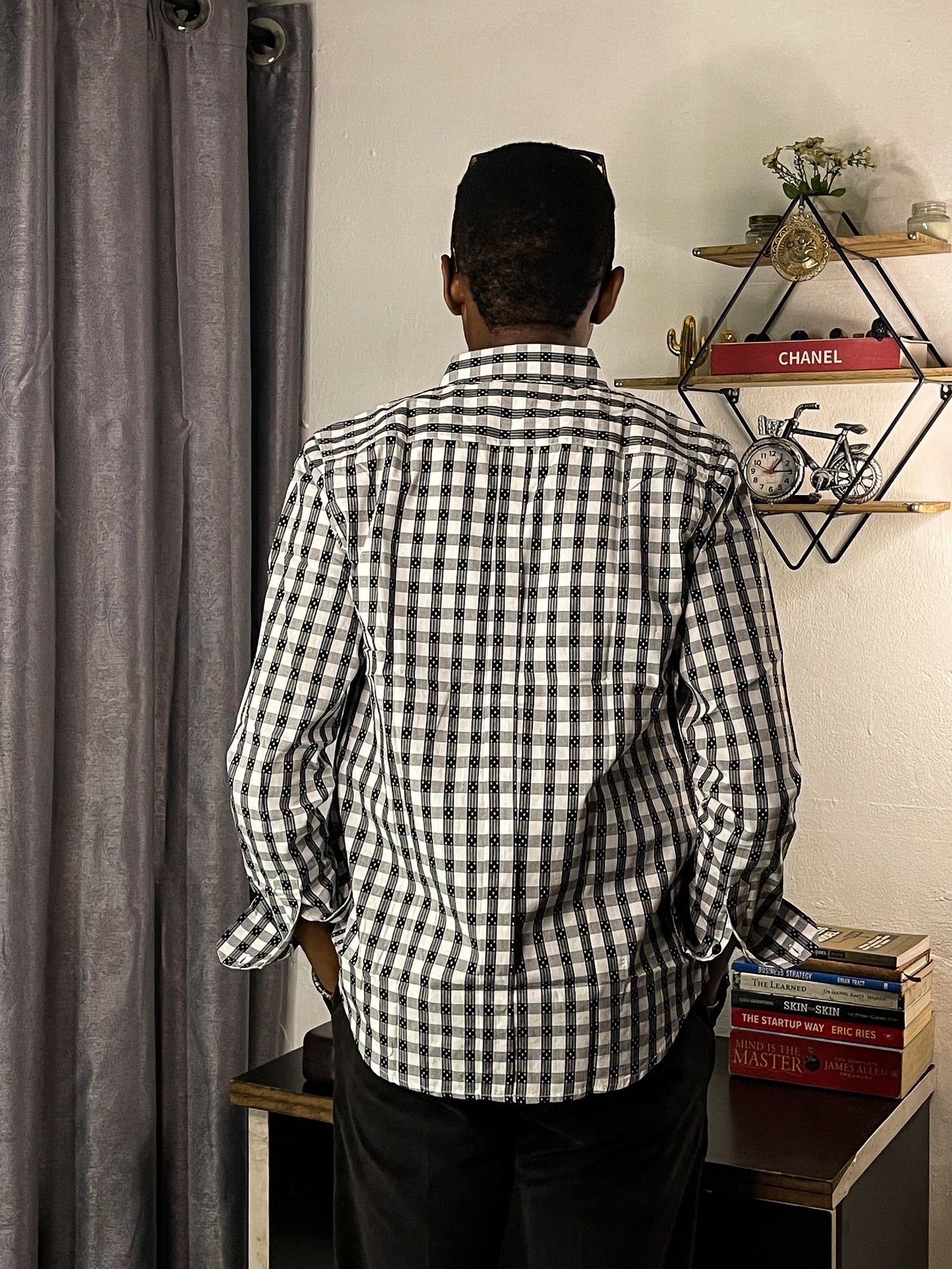 Men's Custom Slim Fit Oxford Check Long Sleeves -THL Black & White 223