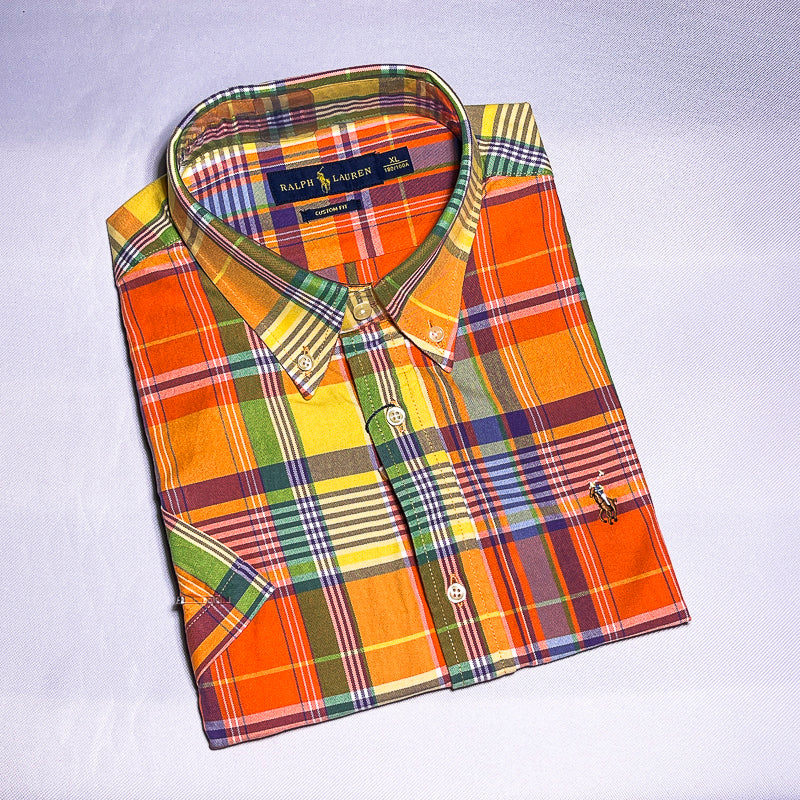 Men Custom Fit Oxford Orange Tartan Short Sleeve