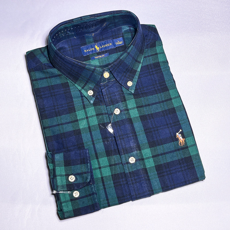 Men Custom Fit Oxford Green Tartan Long Sleeve