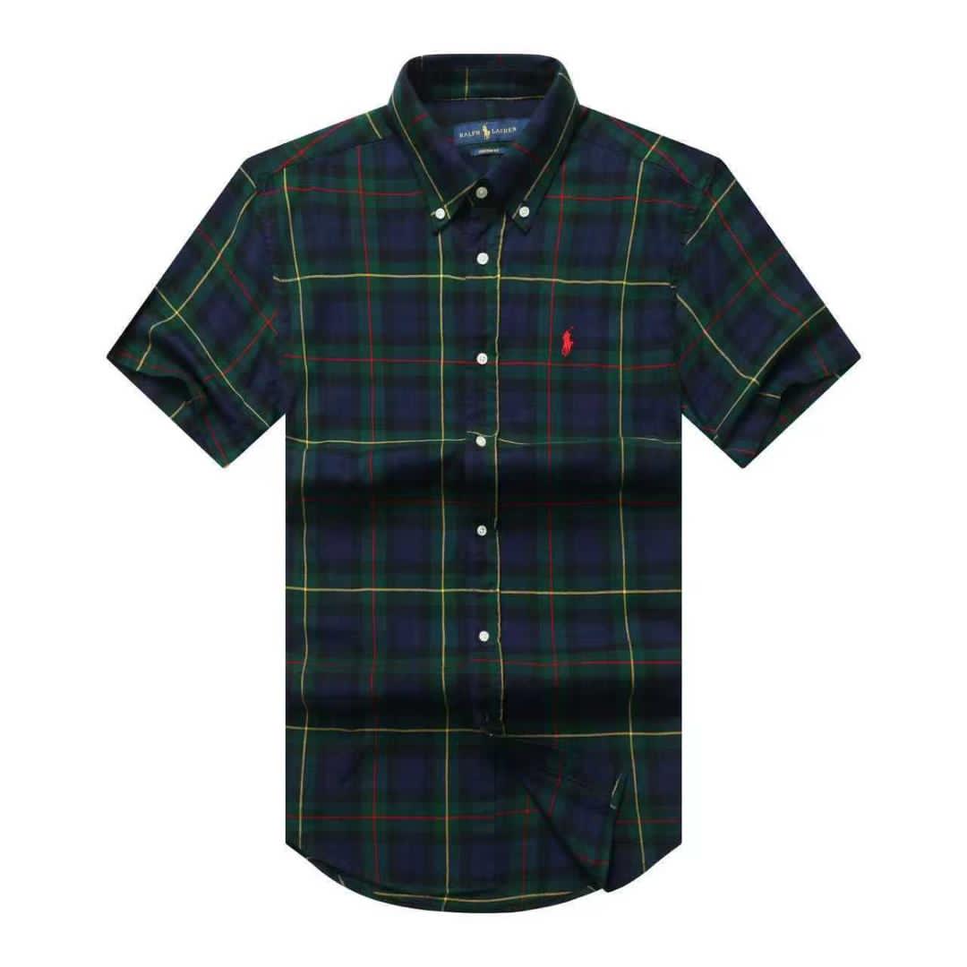 Men Custom Fit Deep Green Plaid Short Sleeve- RL3