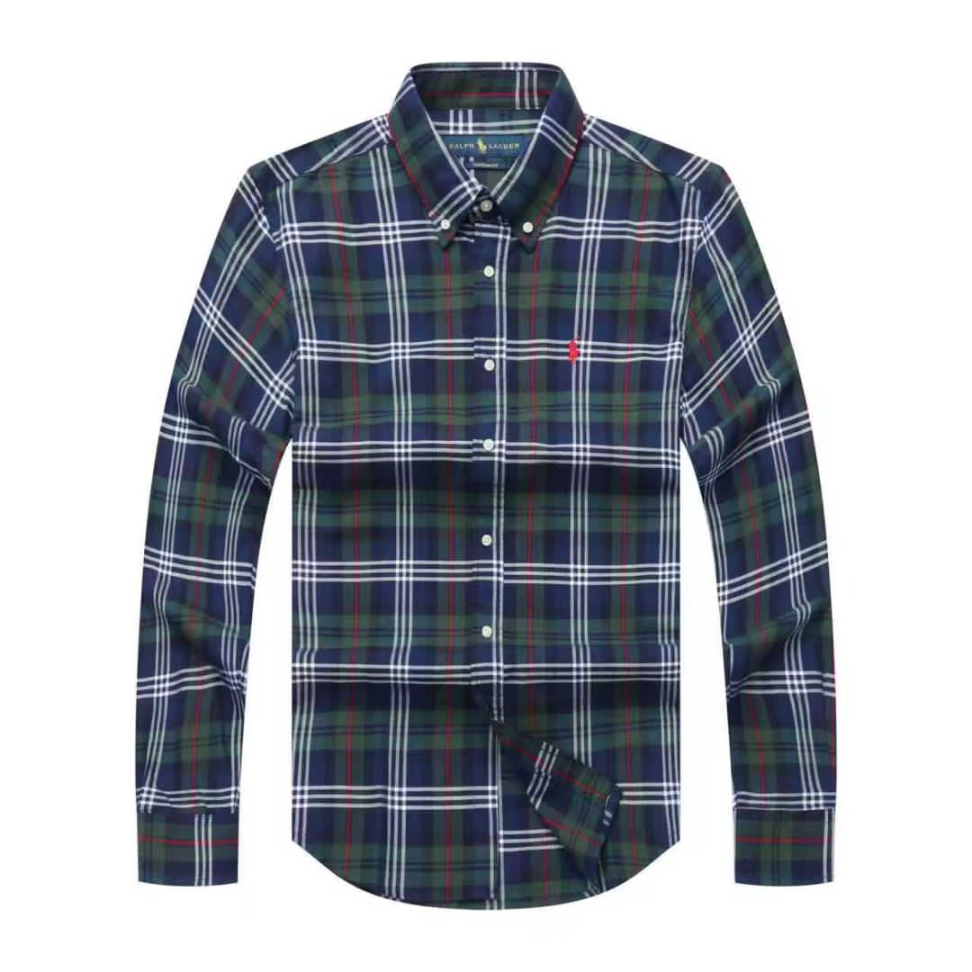 Men Custom Fit Navy Green Tartan Plaid Long Sleeve