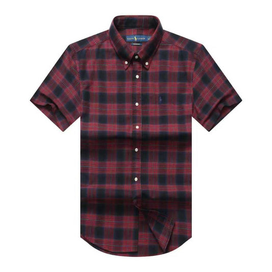 Men Custom Fit Burgundy Navy Plaid Short Sleeve- RL2