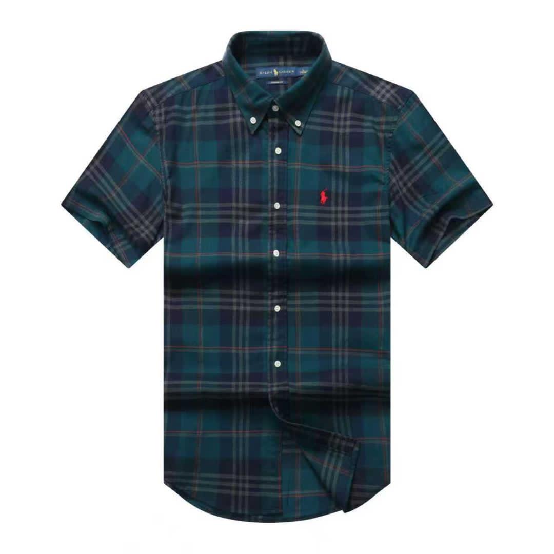 Men Custom Fit Navy Green Tartan Plaid Short Sleeve- RL6