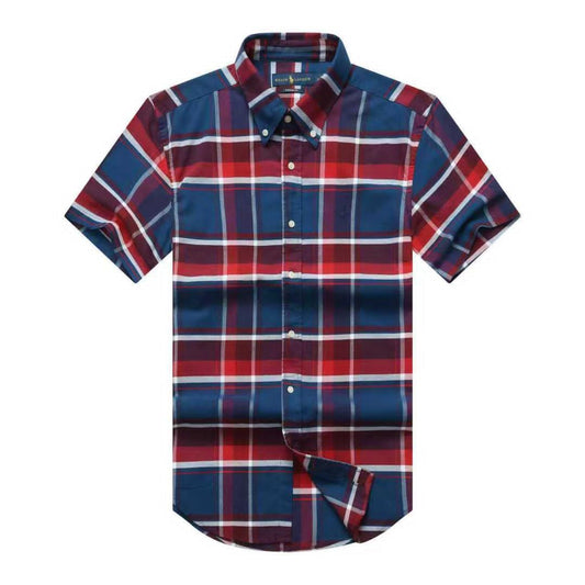 Men Custom Fit Classic Blue Red Tartan Plaid Short Sleeve- RL8