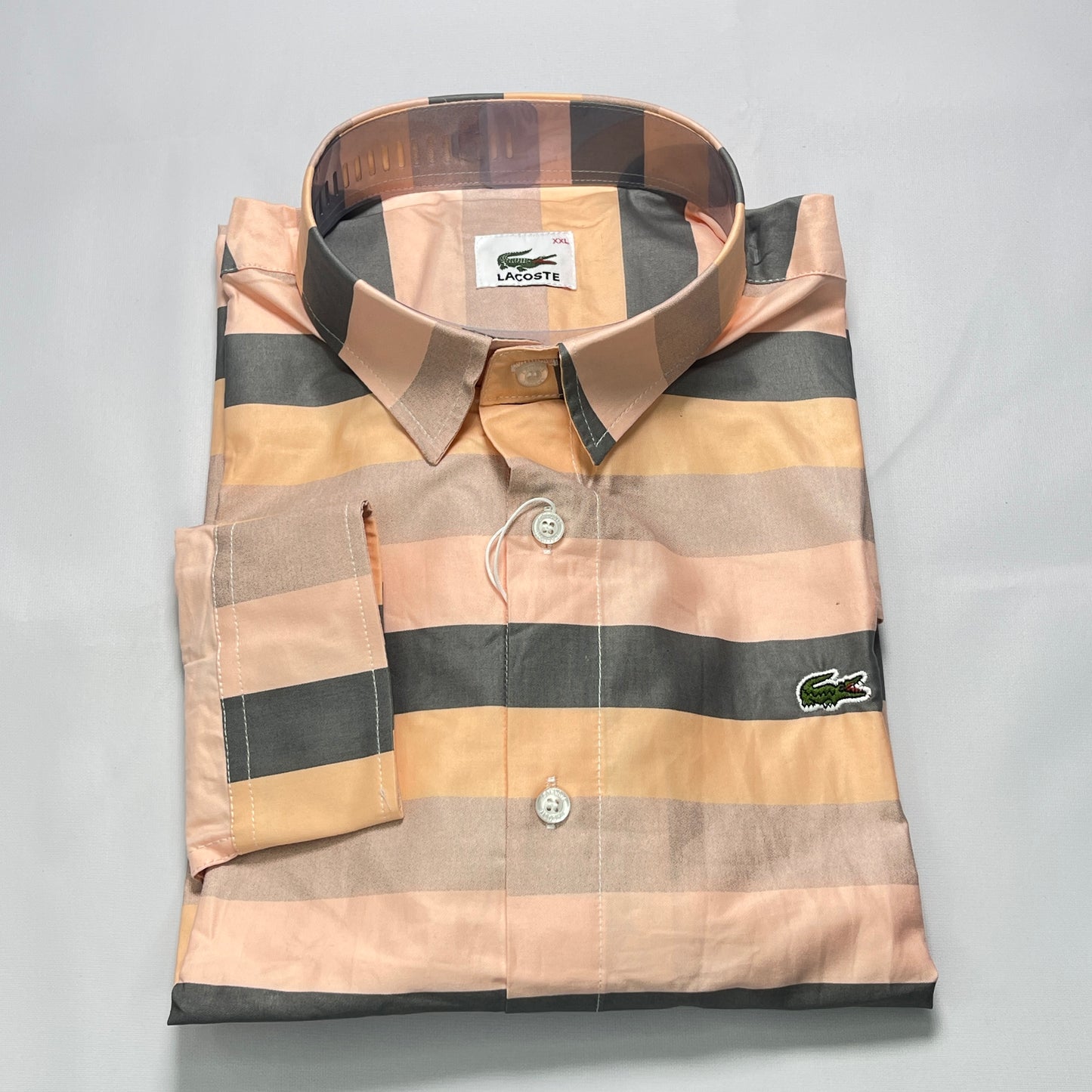 Men Custom Fit Peach Striped Shirt -LS03