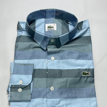 Men Custom Fit Gray-Blue Striped Shirt -LS05