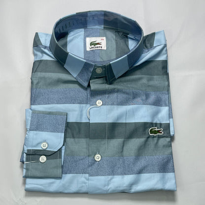 Men Custom Fit Gray-Blue Striped Shirt -LS05
