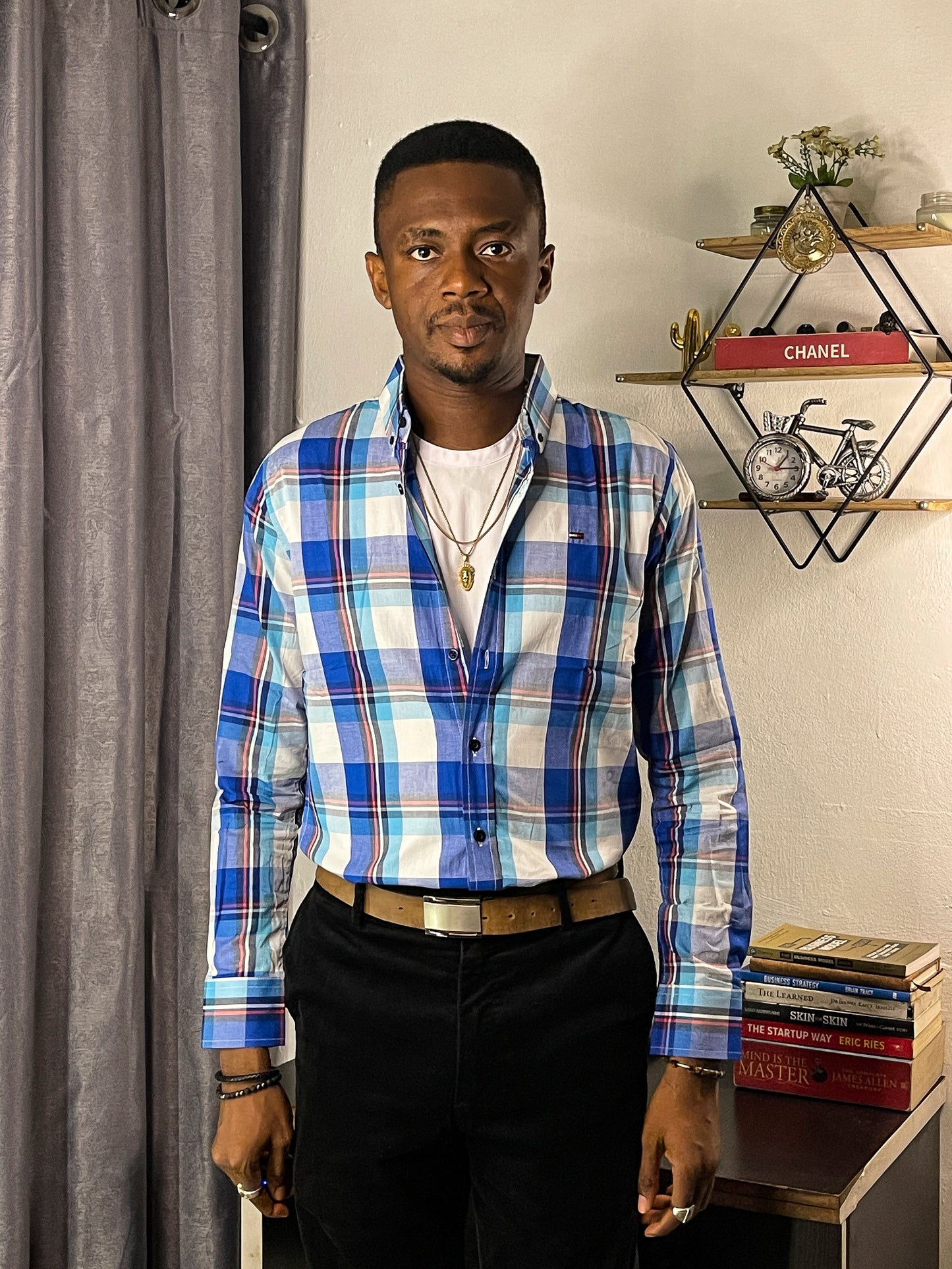 Men's Custom Slim Fit Oxford Blue Check  Long Sleeves -THL 235