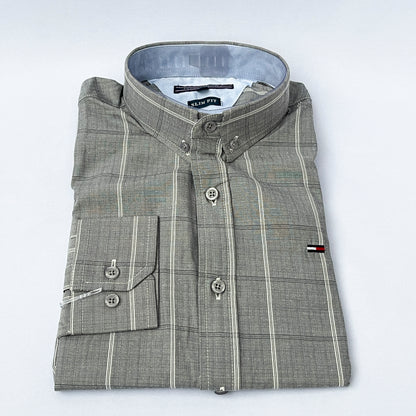 Men's Custom Slim Fit Oxford Gray Striped Long Sleeves -THL 253