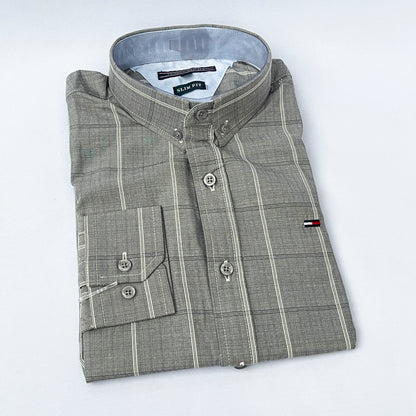 Men's Custom Slim Fit Oxford Gray Striped Long Sleeves -THL 253