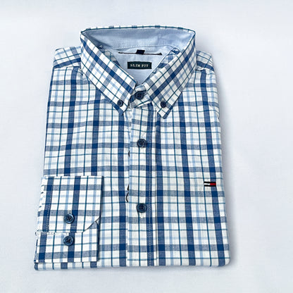 Men's Custom Slim Fit Oxford Blue Check Long Sleeves -THL 255