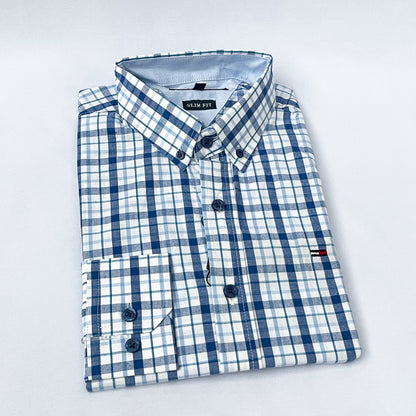 Men's Custom Slim Fit Oxford Blue Check Long Sleeves -THL 255
