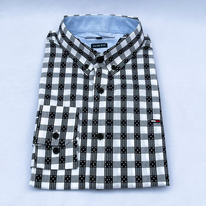 Men's Custom Slim Fit Oxford Check Long Sleeves -THL Black & White 223