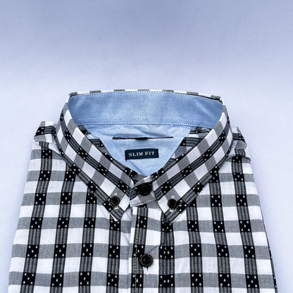 Men's Custom Slim Fit Oxford Check Long Sleeves -THL Black & White 223
