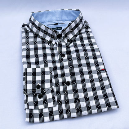 Men's Custom Slim Fit Oxford Check Long Sleeves -THL Black & White 223