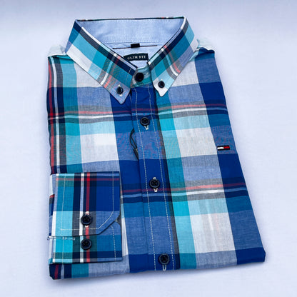 Men's Custom Slim Fit Oxford Blue Check  Long Sleeves -THL 235