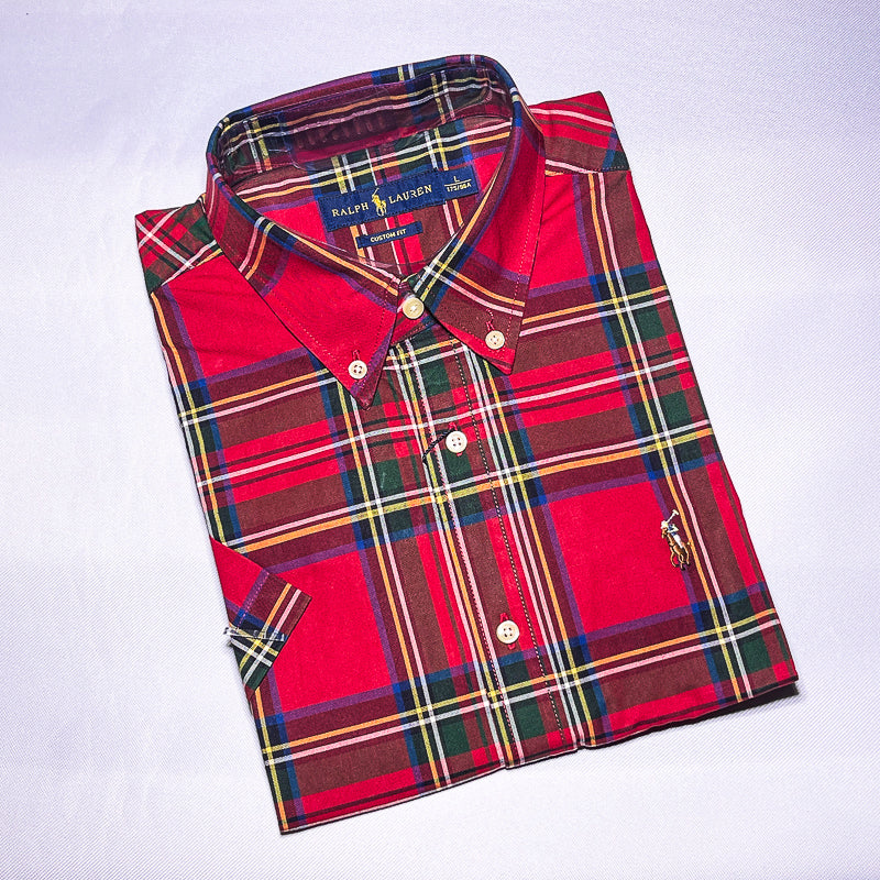 Men Custom Fit Oxford Red Tartan Short Sleeve