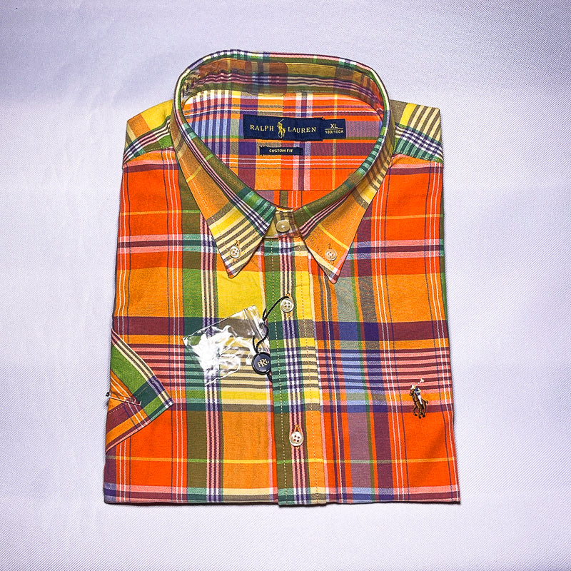Men Custom Fit Oxford Orange Tartan Short Sleeve