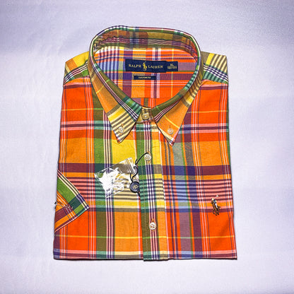 Men Custom Fit Oxford Orange Tartan Short Sleeve