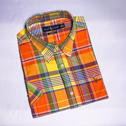 Men Custom Fit Oxford Orange Tartan Short Sleeve