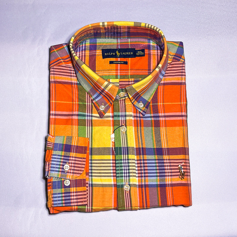 Men Custom Fit Oxford Orange Tartan Long Sleeve