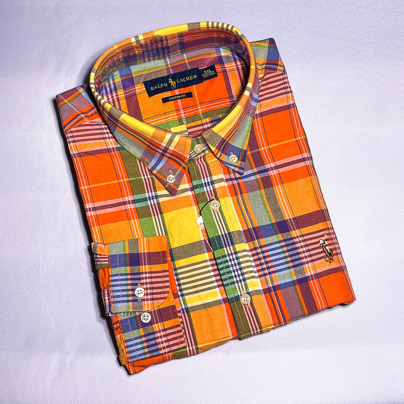 Men Custom Fit Oxford Orange Tartan Long Sleeve
