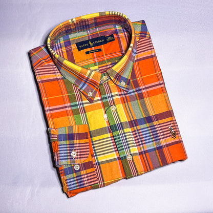 Men Custom Fit Oxford Orange Tartan Long Sleeve