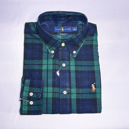 Men Custom Fit Oxford Green Tartan Long Sleeve