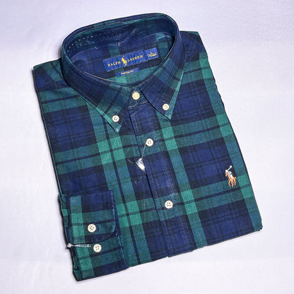 Men Custom Fit Oxford Green Tartan Long Sleeve