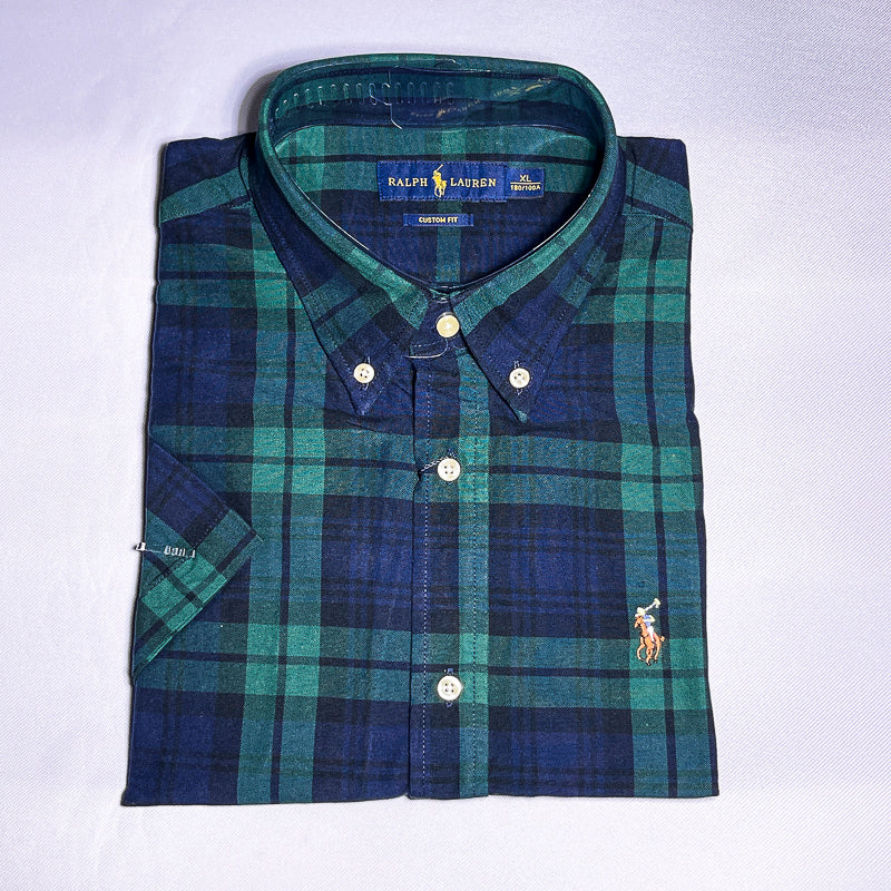 Men Custom Fit Oxford Green Tartan Short Sleeve
