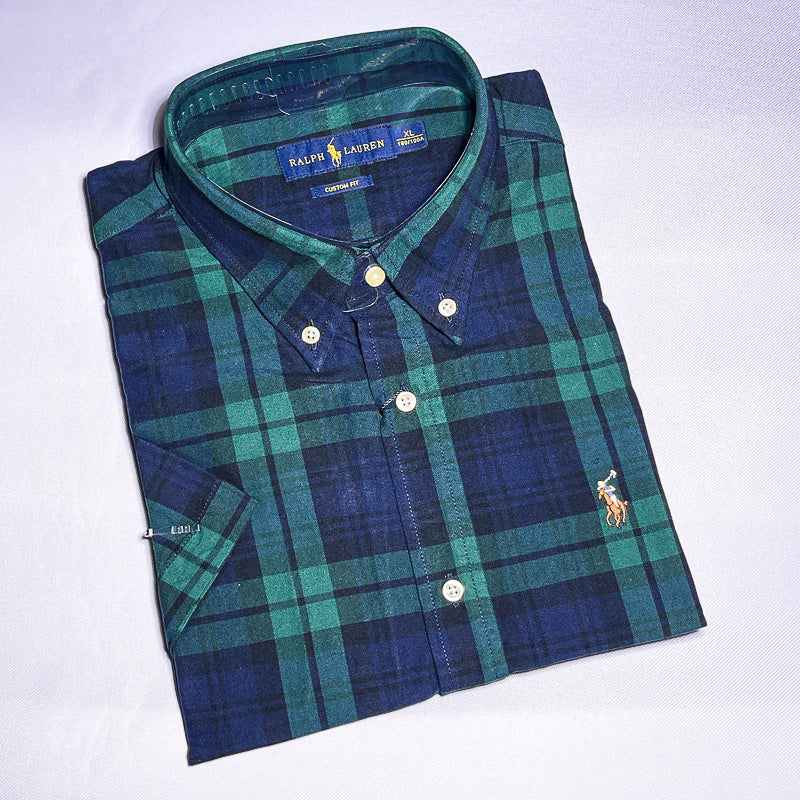 Men Custom Fit Oxford Green Tartan Short Sleeve