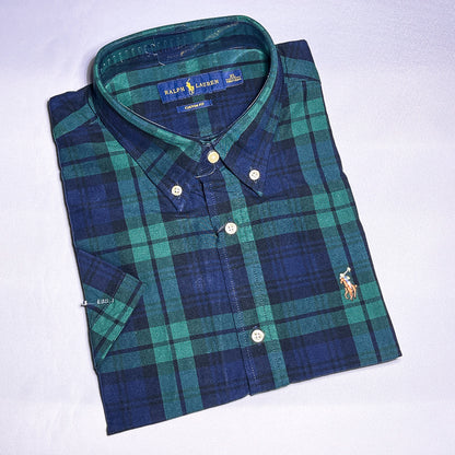 Men Custom Fit Oxford Green Tartan Short Sleeve
