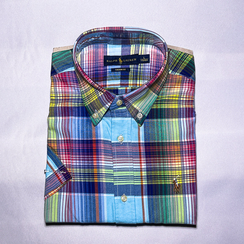 Men Custom Fit Oxford Multicolor Plaid Short Sleeve
