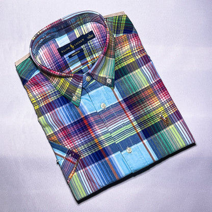 Men Custom Fit Oxford Multicolor Plaid Short Sleeve