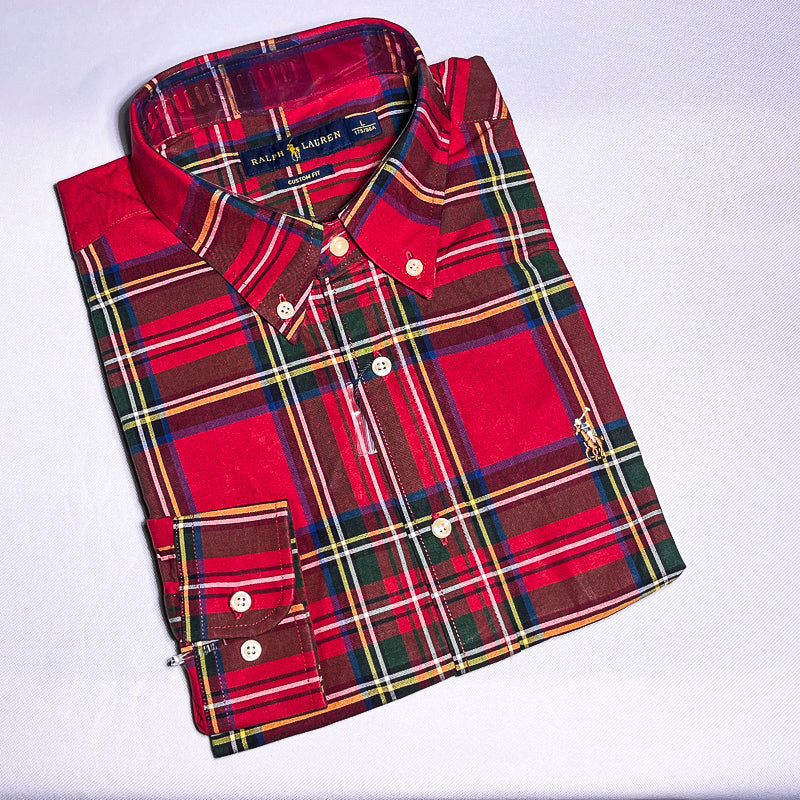 Men Custom Fit Oxford Red Tartan Long Sleeve