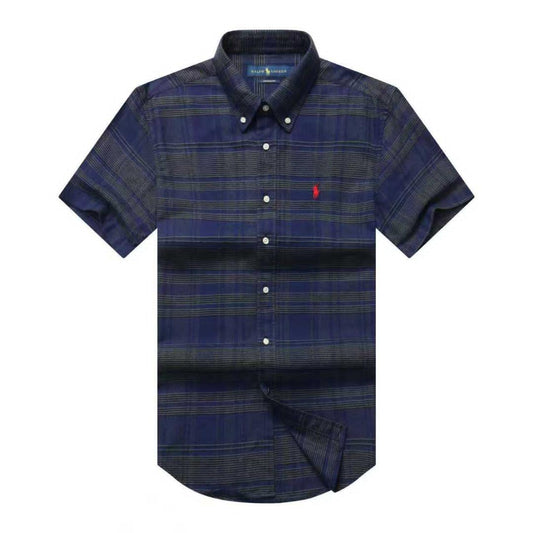 Men Custom Fit Classic Navy Tartan Plaid Short Sleeve- RL9
