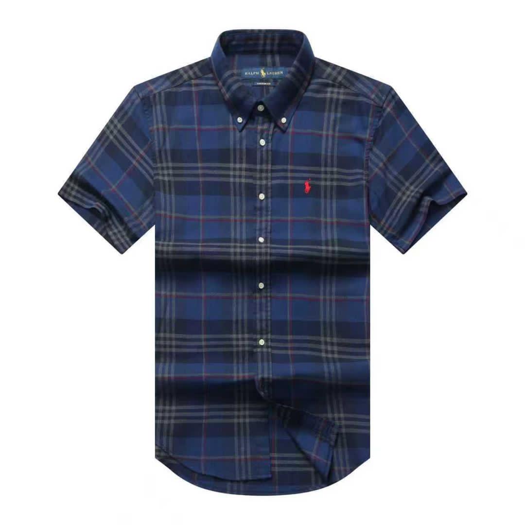 Men Custom Fit Navy Blue Tartan Plaid Short Sleeve- RL4