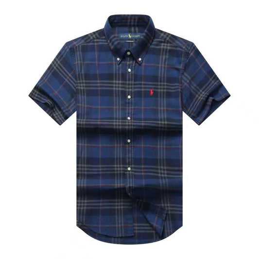 Men Custom Fit Navy Blue Tartan Plaid Short Sleeve- RL4