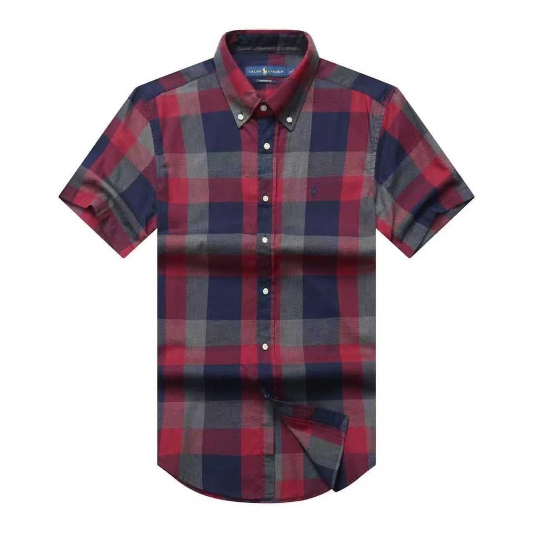 Men Custom Fit True Red & Navy Tartan Plaid Short Sleeve- RL10