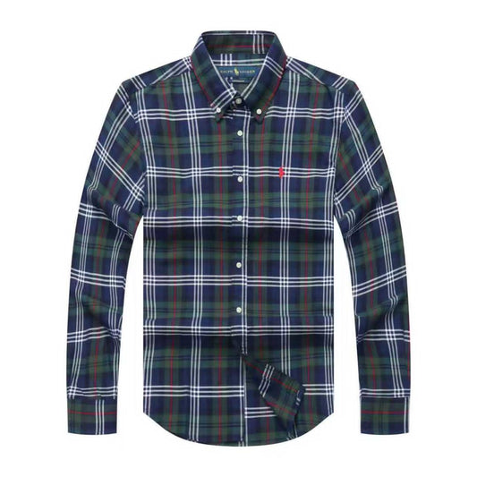Men Custom Fit Navy Green Tartan Plaid Long Sleeve