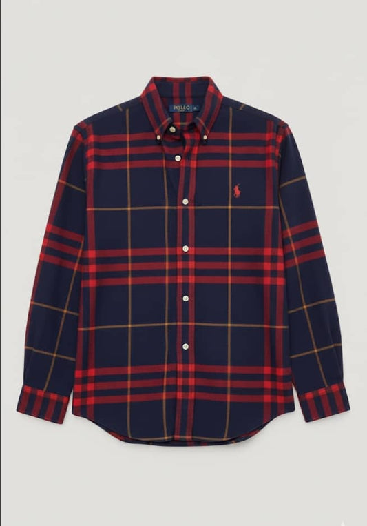 Men Custom Fit Flannel Navy Plaid Long Sleeve